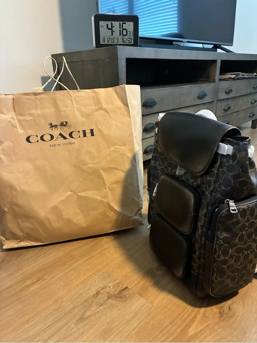 Coach Men’s Signature Monogram Backpack in Dark Brown and Black